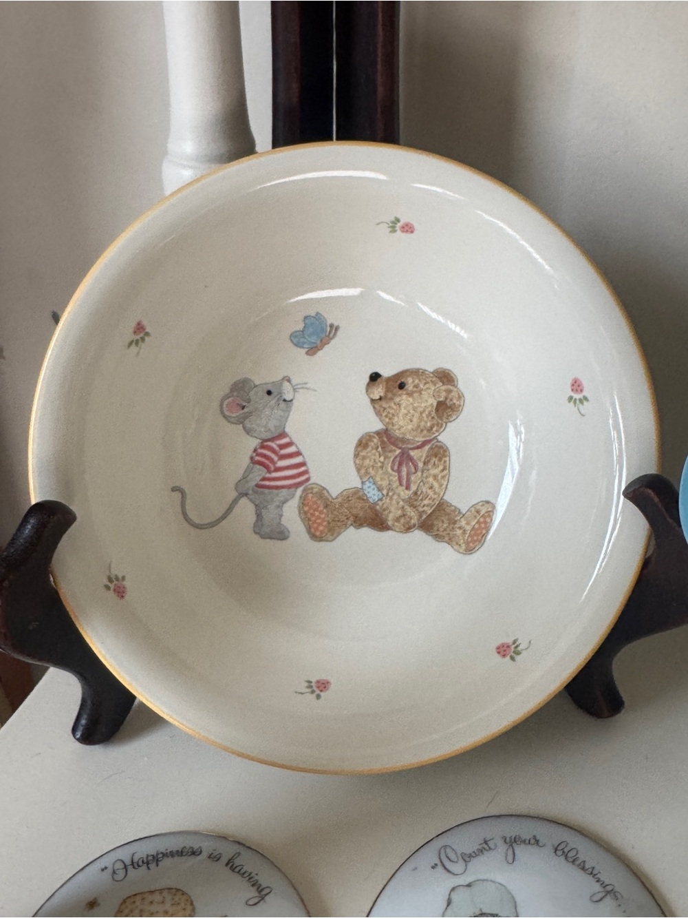 Children's Cream Ceramic Bowl with Teddy & Mouse Illustration